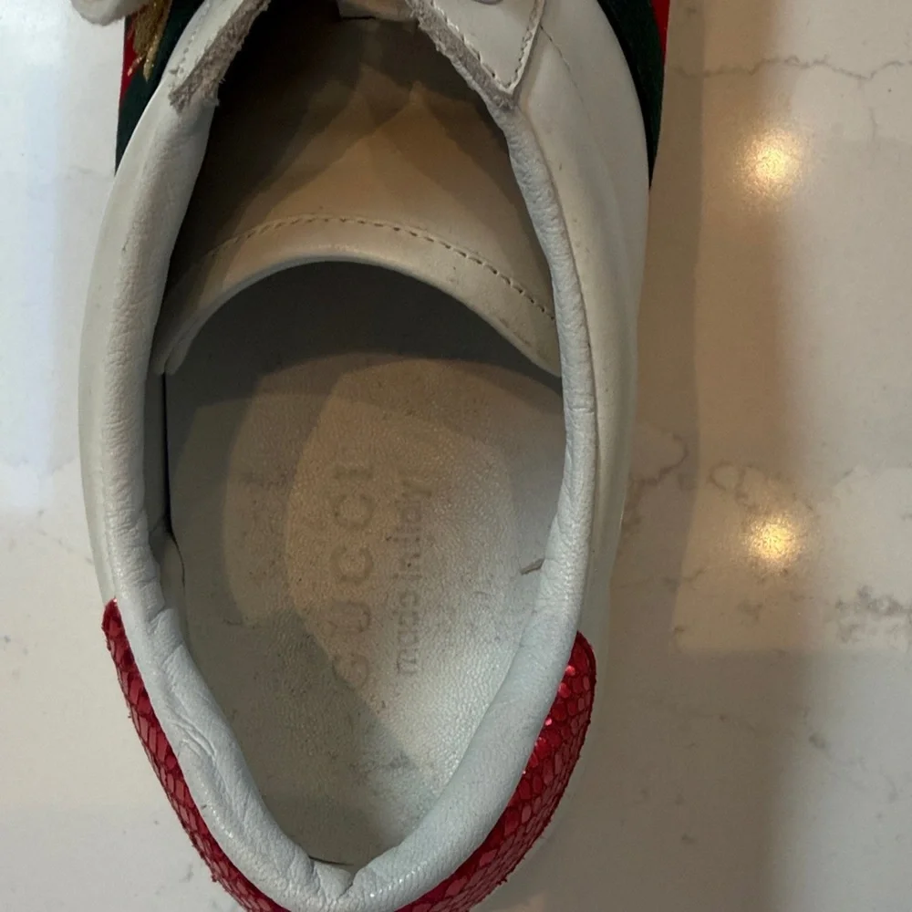 Gucci Ace Bee White Leather Sneakers with Red & Green Stripe Bee Accent